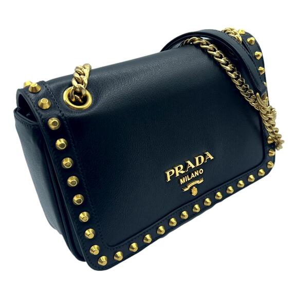 Prada Handbags - Prada Pattina Black Glace Calf Leather Studded Flap Crossbody Bag Gold